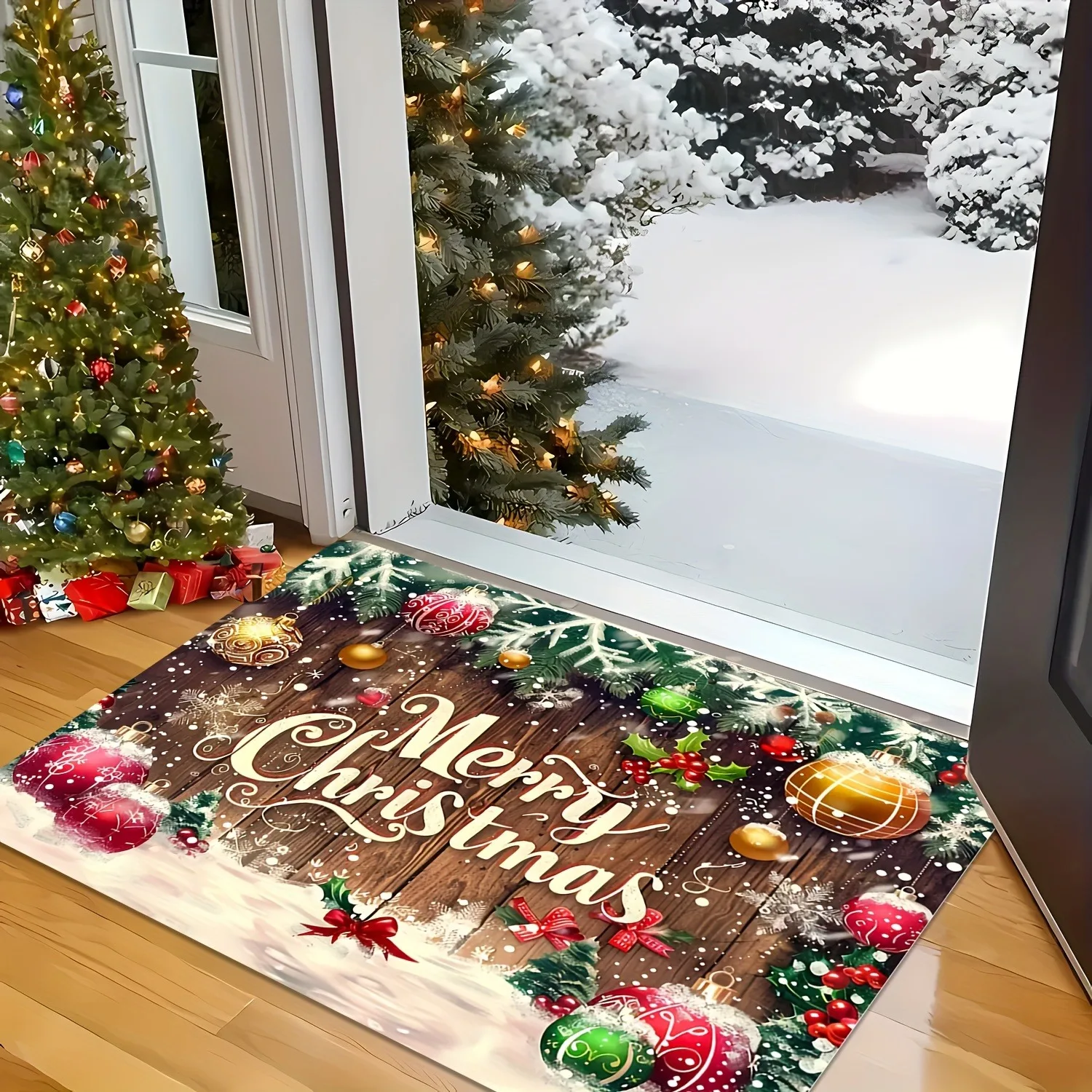 Merry Christmas welcome door mat with colored ball pattern design non-slip floor mat suitable for home room bathroom kitchen