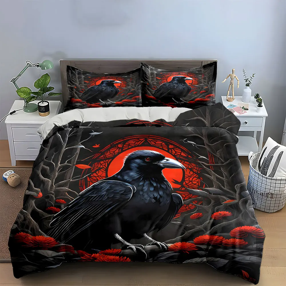 

"Raven Art Decor Set Halloween" Bedding Set with 1 Duvet Cover 2 Pillowcases Single Double King Queen, Gift