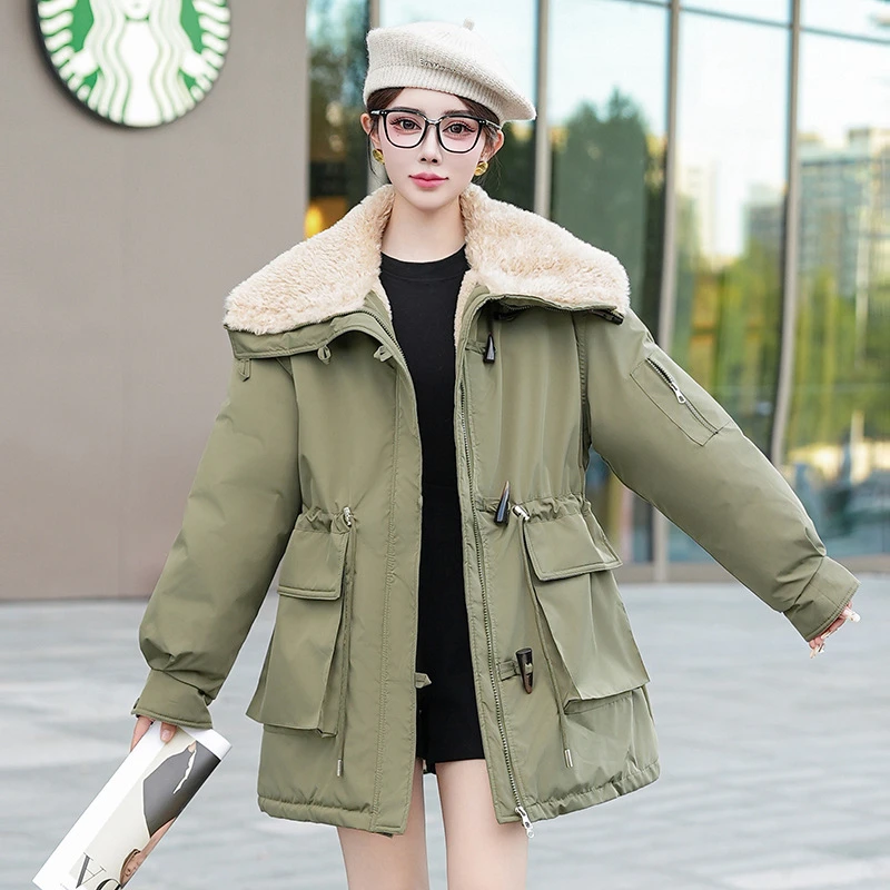 2025 Nuovo Inverno Giacca In Pile Allentato Addensato Parka da Donna in Pelle di Pecora Imbottiture Cappotto di Cotone Tasca Risvolto Caldo Lungo Della Tuta Sportiva di Tendenza