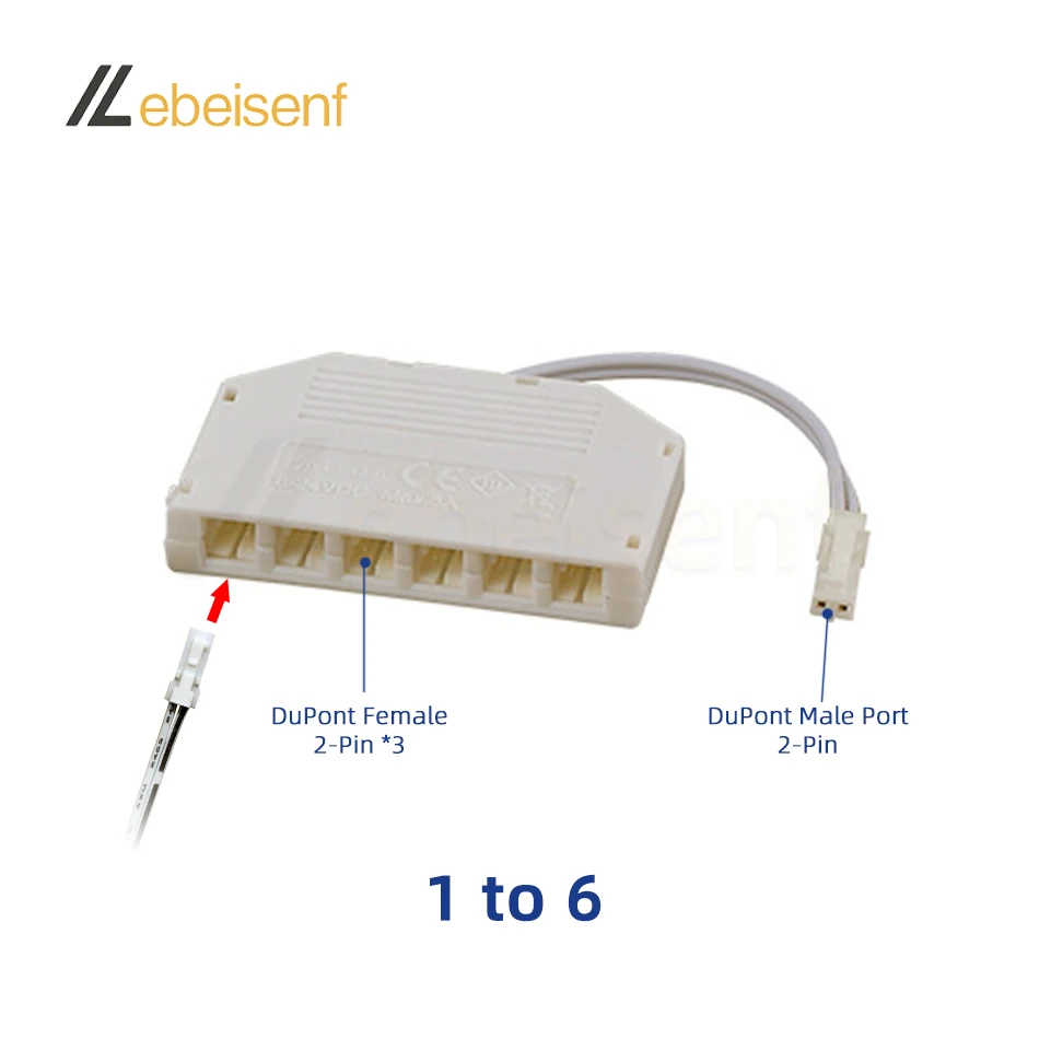 1 Male to 3/6 DuPont female 2-Pin output Splitter Concentrator Connector Box for DC 5-24V LED Kitchen Wine Cabinet Wardrobe Lamp