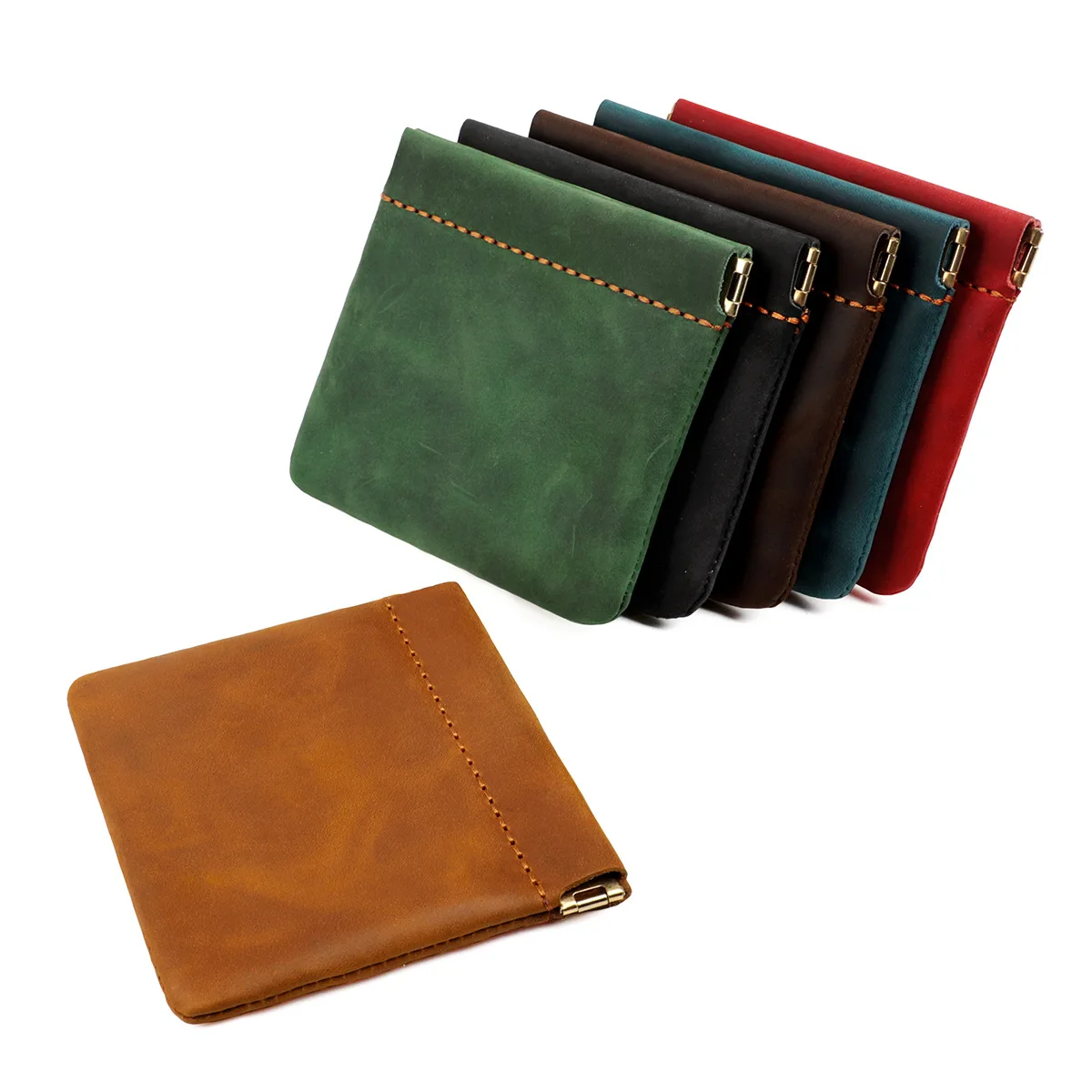 Genuine Leather Small Coin Purse Automatic Closure Card Holder Retro Storage Bag Leather Key Case