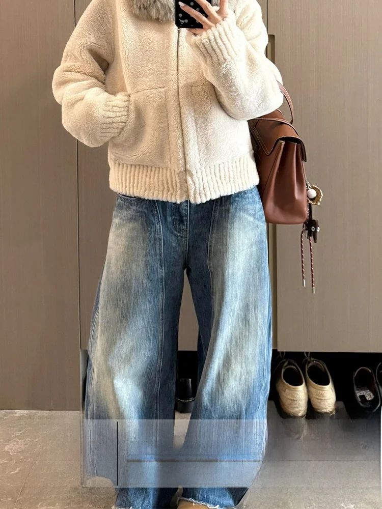 

Американские джинсы больших размеров с высокой талией, женские осенне-зимние новые простые прямые брюки для грушевого тела