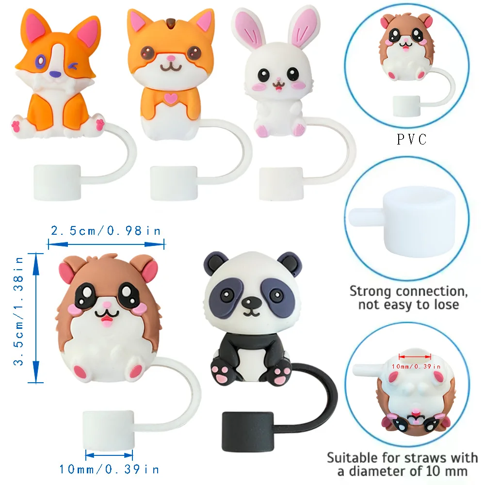 1Pcs 10mm Silicone Straw Covers Cap Compatible with Stanley 30&40 Oz Tumbler,Cute Animal Straw Toppers,Reusable Dust-Proof Straw