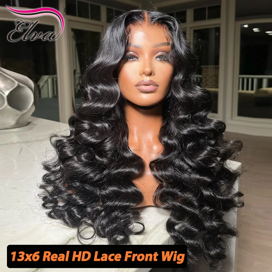 Волосы Elva 250% Плотность Невидимый HD Парик Шнурка Натуральный Черный Парик Человеческие Волосы HD Парик Фронта Шнурка Предварительно Сорванные Отбеленные Узлы HD Парики