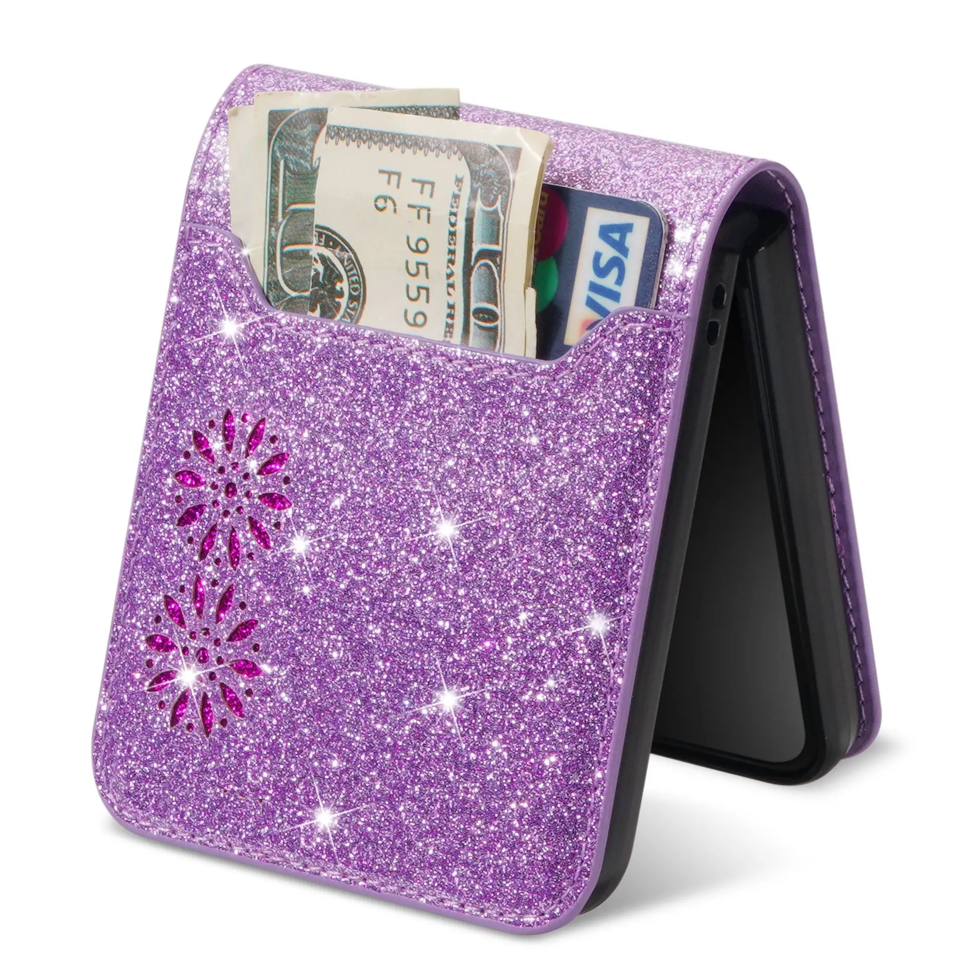 Suitable for Samsung Z Flip7 phone case with up-and-down folding screen FLIP4 glittering starry night laser engraving card slot - view 2