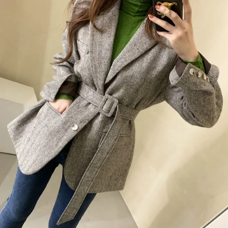 

Зимний шерстяной костюм: пальто миди из твида с отложным воротником, приталенное, для женщин, для повседневной носки, длинное, на молнии