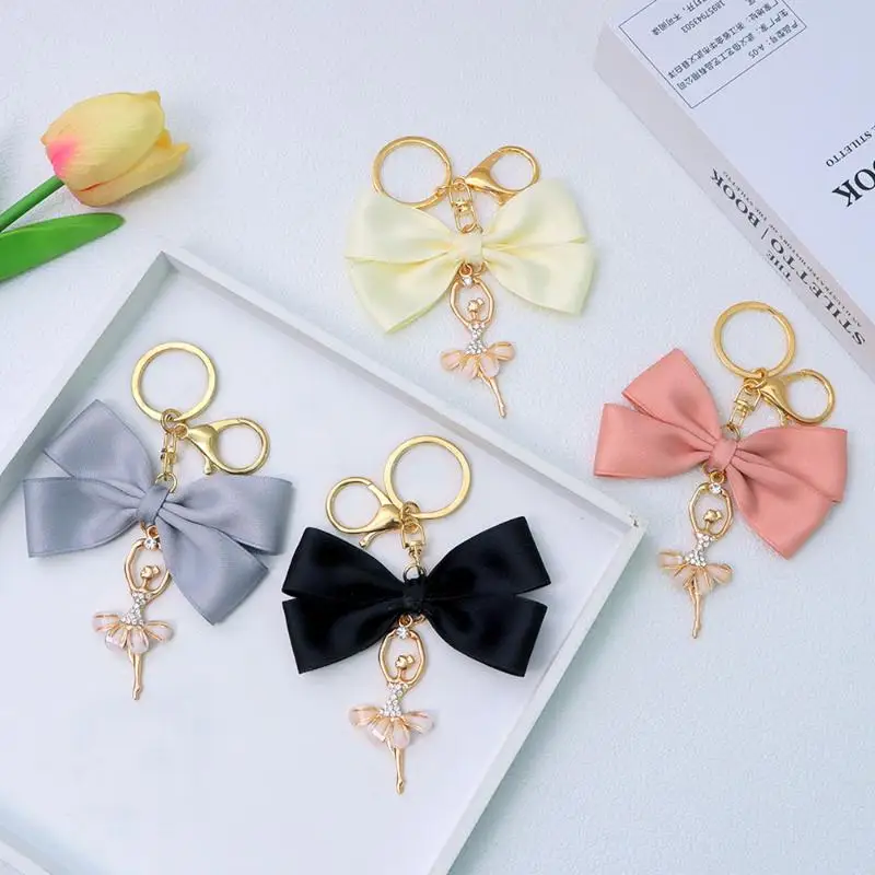 Big Bowtie Pendant Keychain Cute Crystal Ballet Dancer Charms Keyring For Girls Backpack Car Key Ring Earbud Case Accessories