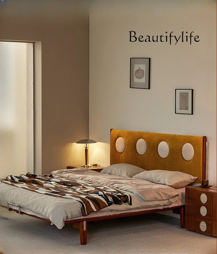 Solid wood flush bed small apartment second bedroom medieval soft bag double bed edgeless no bedside tatami