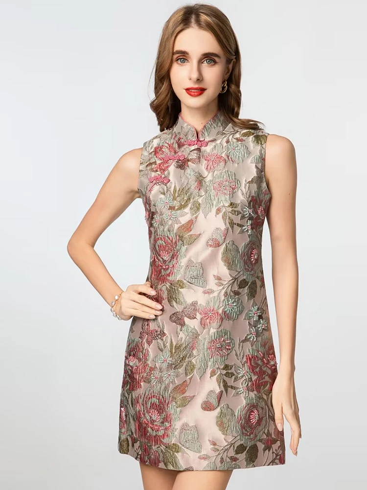 DSFACAIRIJ Mini abito vintage da donna con perline di cristallo, colletto alla coreana, senza maniche, jacquard, abito estivo alla moda