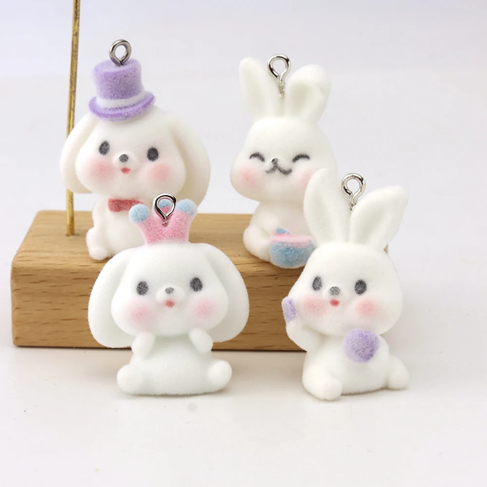 20pcs 3D Flocking Resin Crown Rabbit Charms Suffed Animal Doll Bunny Drumming Pendant for Keychain Earrings Making DIY Wholesale