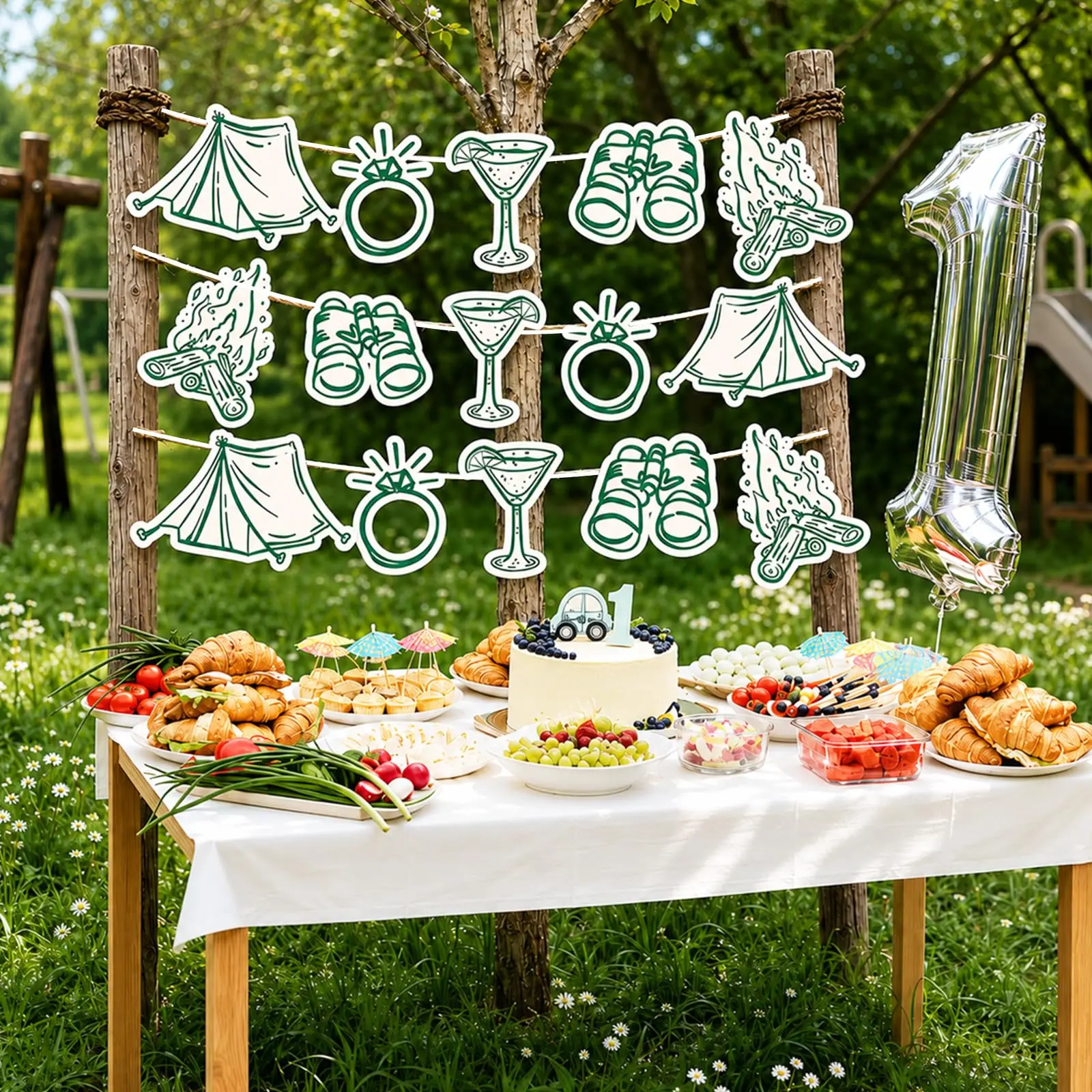 Camp Bachelorette Party Banner, Tent Campfire Ring Cocktail Binocular Cutout Garland, Glamping Bach Party Photo Backdrop Decor