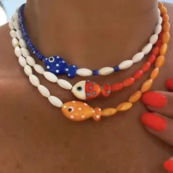 Cute Orange Ceramic Fish Necklace for Her Romantic Small Fish Starfish Necklace Summer Beach Jewelry for Gift