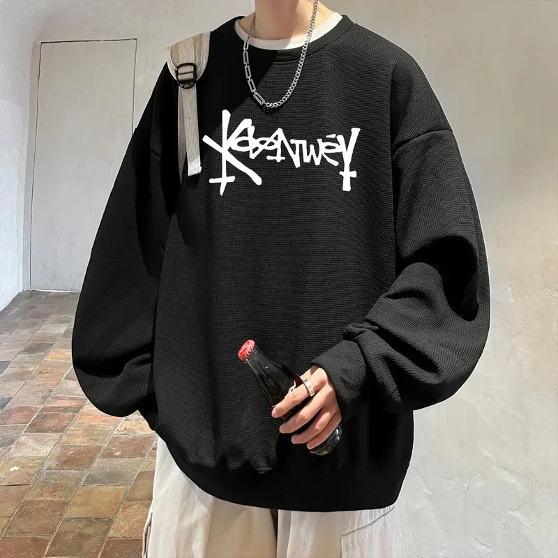 

Autumn and Winter New Men's Anti Wrinkle Loose Trendy Letter Printed Waffle Round Neck Hoodie Long Sleeve