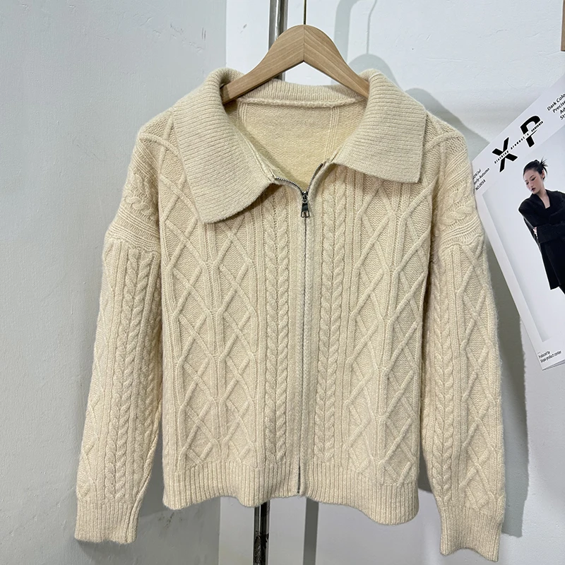 [EWQ] Long Sleeved Lapel Zipper Army Green Sweater Jacket For Women In Autumn 2024 Winter Cardigan Tops Camel Brown 16U8292