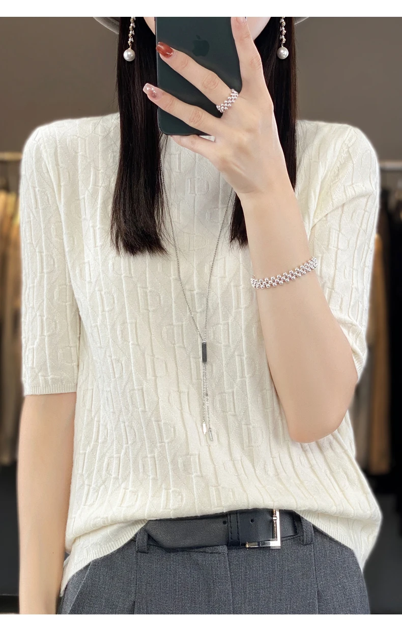 Women New Soft Diamond Letter Design Sweater Half-high Collar Three Quarter Sleeve Pullover Spring Summer Casual Knit Slim Top