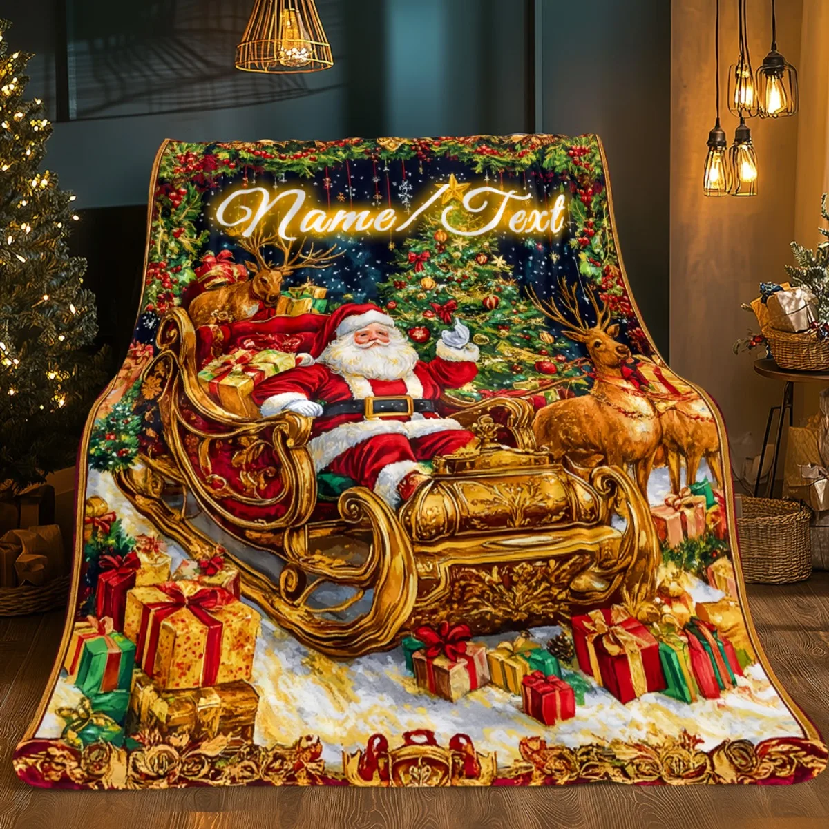 One Personalized Santa'S Sleigh Christmas Artwork Blanket, Featuring an Ornate Design. This Lightweight Bedding Accessory Is Per