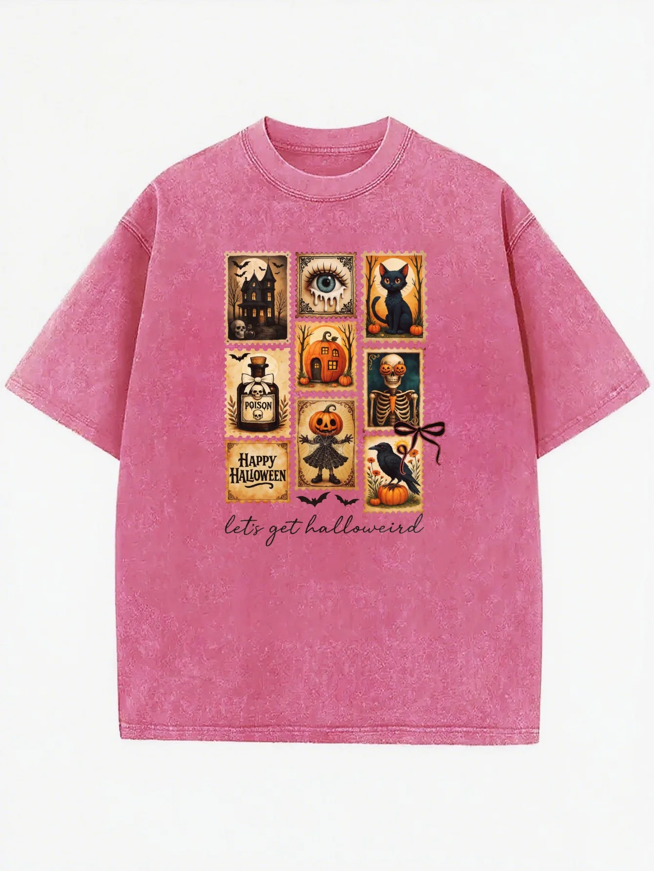 تي شيرت Let's Get Halloweird فضفاض مناسب برقبة دائرية ومغسول مريح ومطبوع للهالوين جاهز للارتداء طوال العام