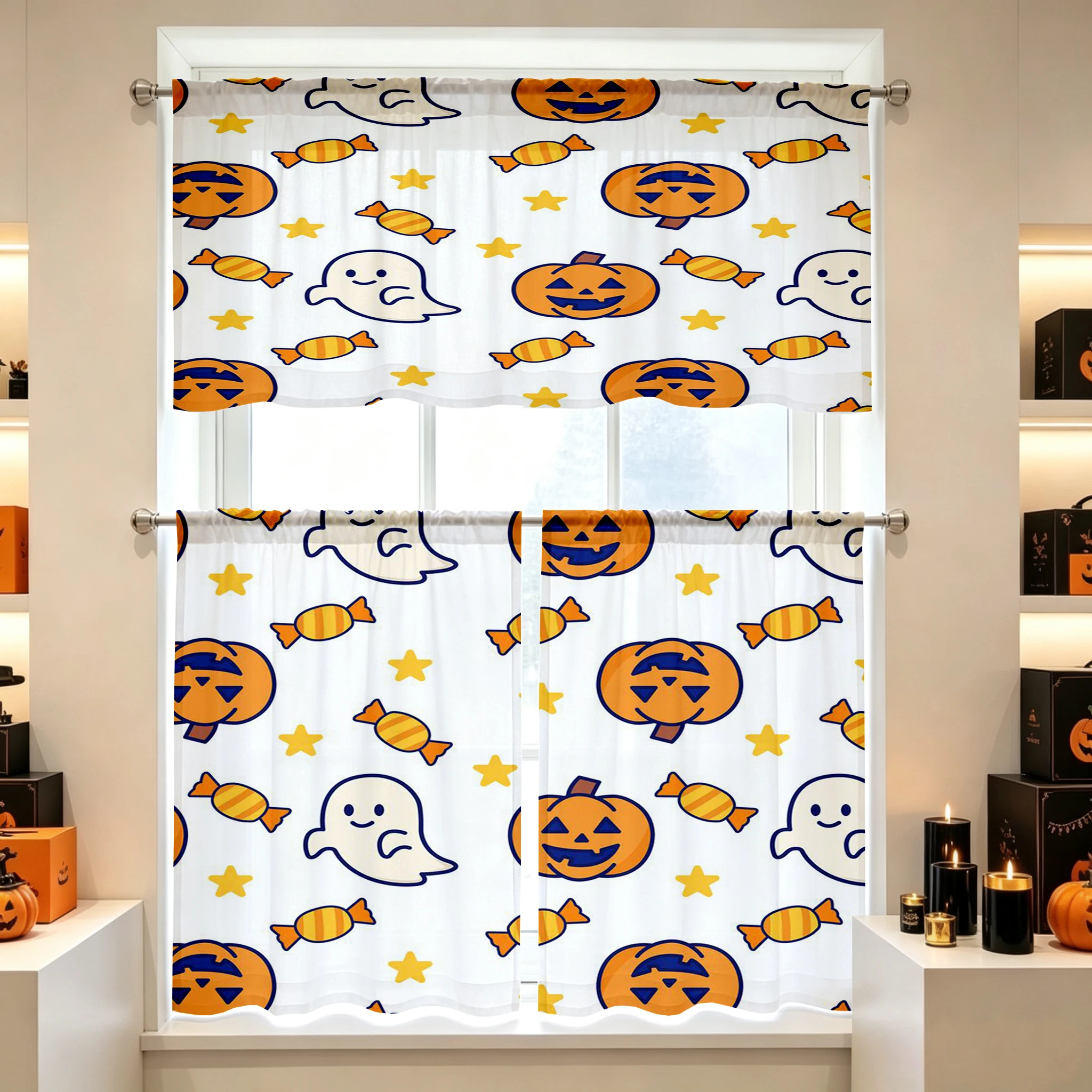 Halloween Fall Kitchen Curtains, Pumpkin Candy Ghost, Digital Print, Kitchen Dining Room, Rod Pocket Polyester, Home Decor