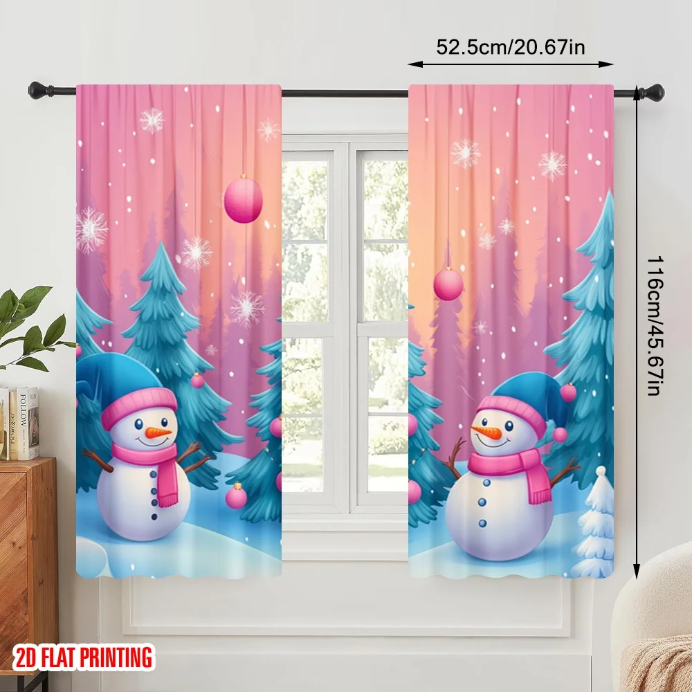 2pcs,2D plane printing Curtain Fabric Cute Snowmen Christmas Trees Ornaments Versatile Polyester Fabric (without rod) Home Decor