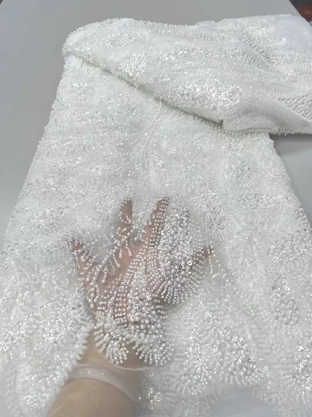 

African Heavy Beads Lace Fabric 2025 High Quality Lace Nigerian Sequins French Tulle Bead Lace Fabric Material For Wedding Party