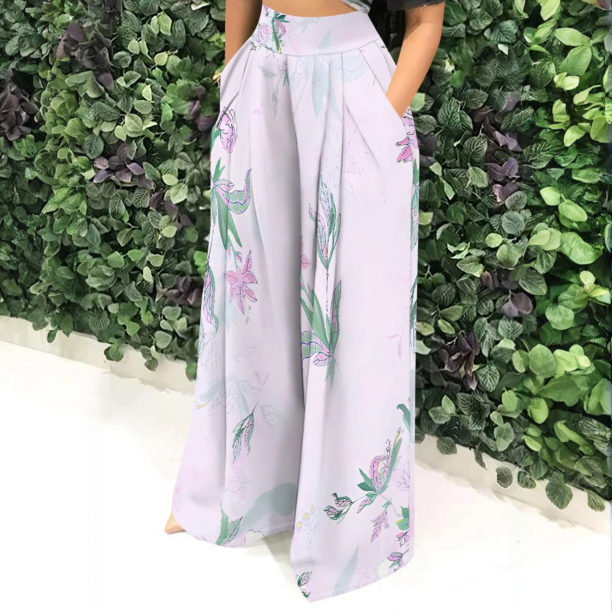 Floral High Waist Wide Leg Pants, Botanical Print Trousers, Summer Beach Wear, Vacation Style, S-2XL