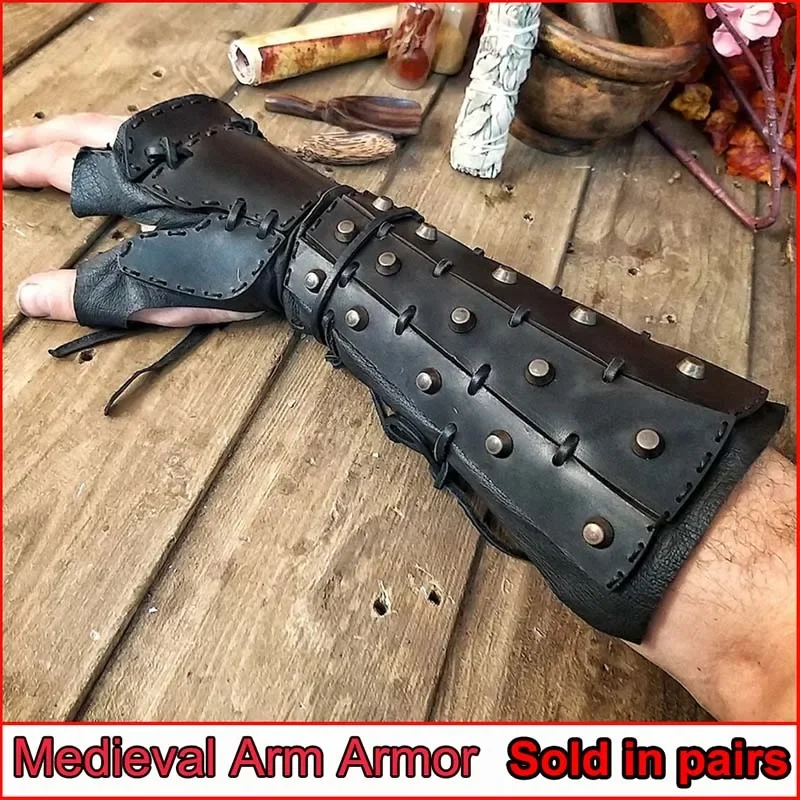 Steampunk Medieval Samurai Leather Bracer Long Gloves Gauntlet Viking Pirate Gladiator Cosplay Costume Accessory Arm Armor LARP