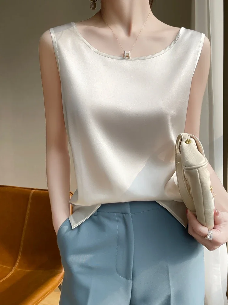 Summer Silk Camis Women's T Shirts Sleeveless Vest Satin Tank Tops Office Elegant Fashion O Neck Champagne BlouseTop Women