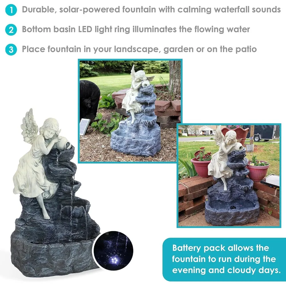 Angel Falls 29-Inch Solar Fountain with Battery Backup and LED Light - Submersible Pump - Polyresin