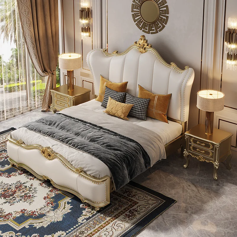 

For New Design Luxury Leather Bedroom Bed Furniture Set European Classic Carved Solid Wood King Frame Princess Wedding Bed