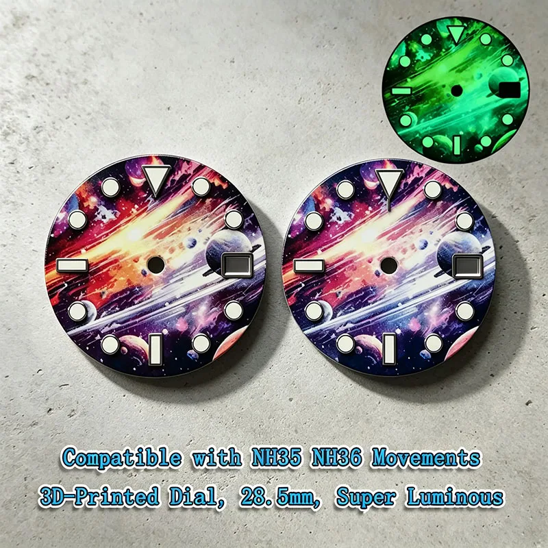 28.5mm Galaxy Space Pattern 3D Printed Watch Dial, Super Green Luminous, Compatible with NH35 NH36 Movements, Watch Mod Parts