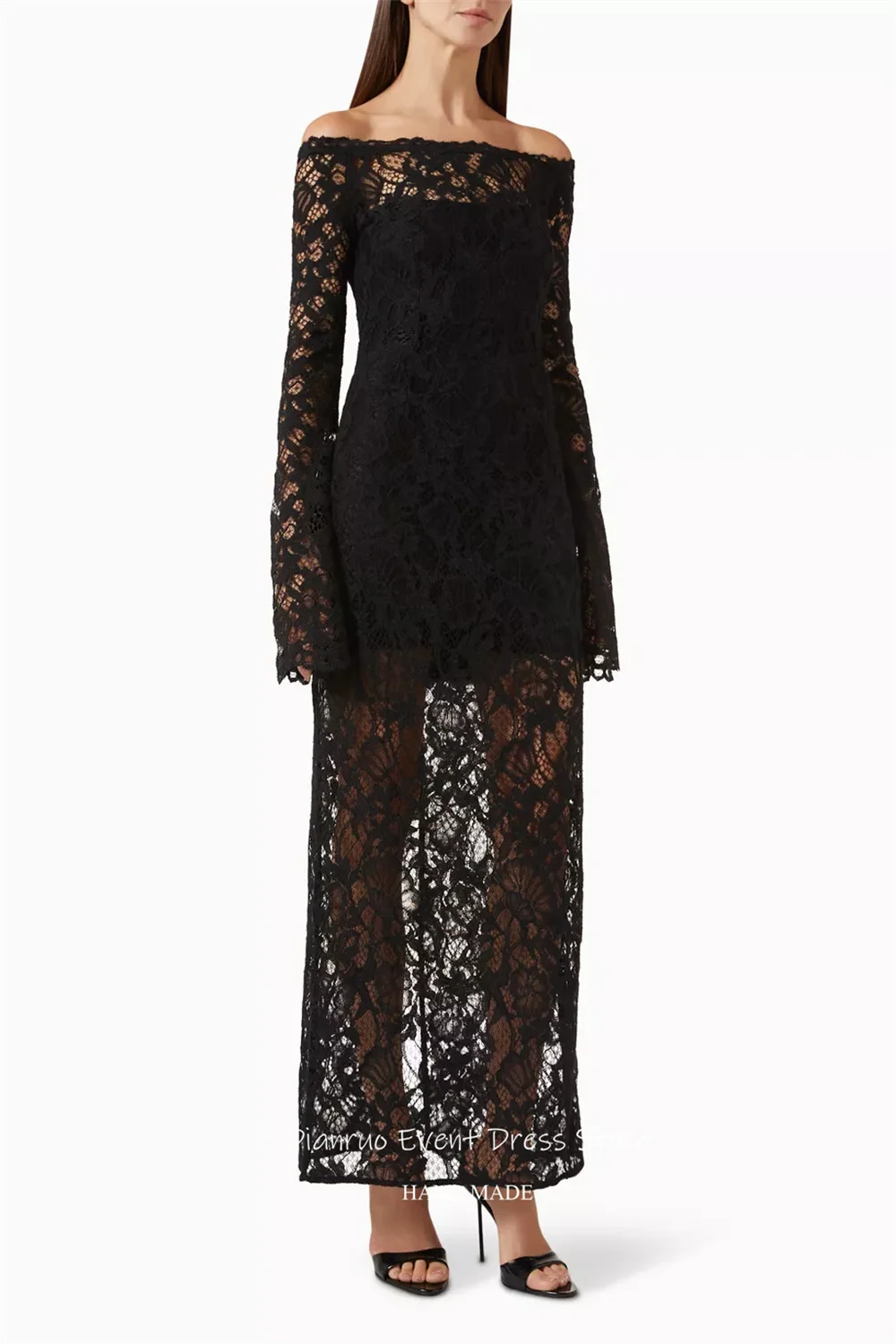 เดียนรู อิลลูชั่นชุดราตรีลูกไม้สีดำปิดไหล่แอพพลิเคชันเดรส เดอ โนเวียเซ็กซี่ยาวชุดโอกาสพิเศษที่กำหนดเอง