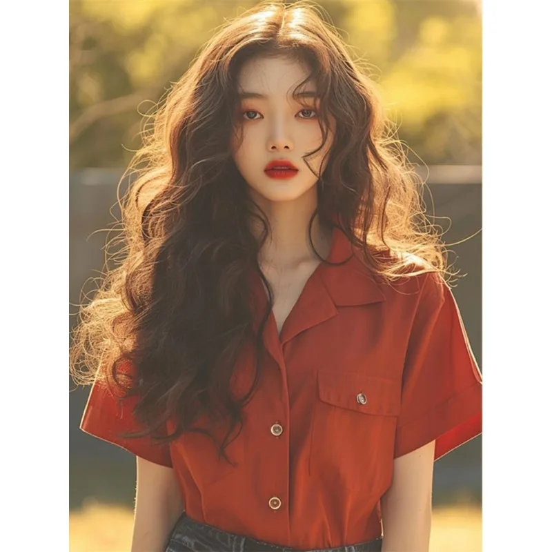 

Элегантная винтажная красная блузка с коротким рукавом для женщин на лето