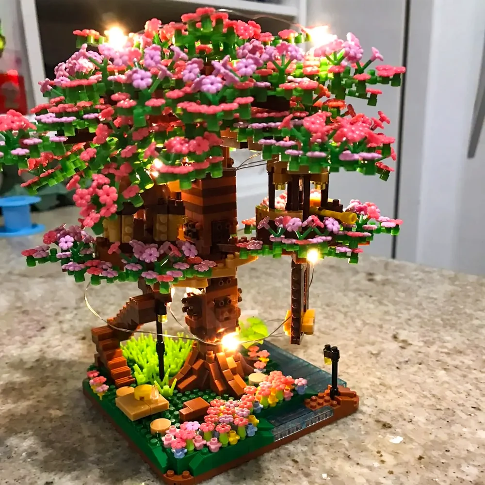 Mini Sakura Tree Building Blocks Set Diy Cherry Blossom Bricks with Light Treehouse Model Ornament Romantic Gift for Girlfriend