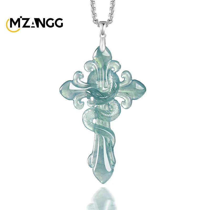 

Natural Jadeite Cross with Serpent Pendant Sterling Silver S925 Exquisite Charm Ice-type Jadeite Necklace Men's and Women's Gift