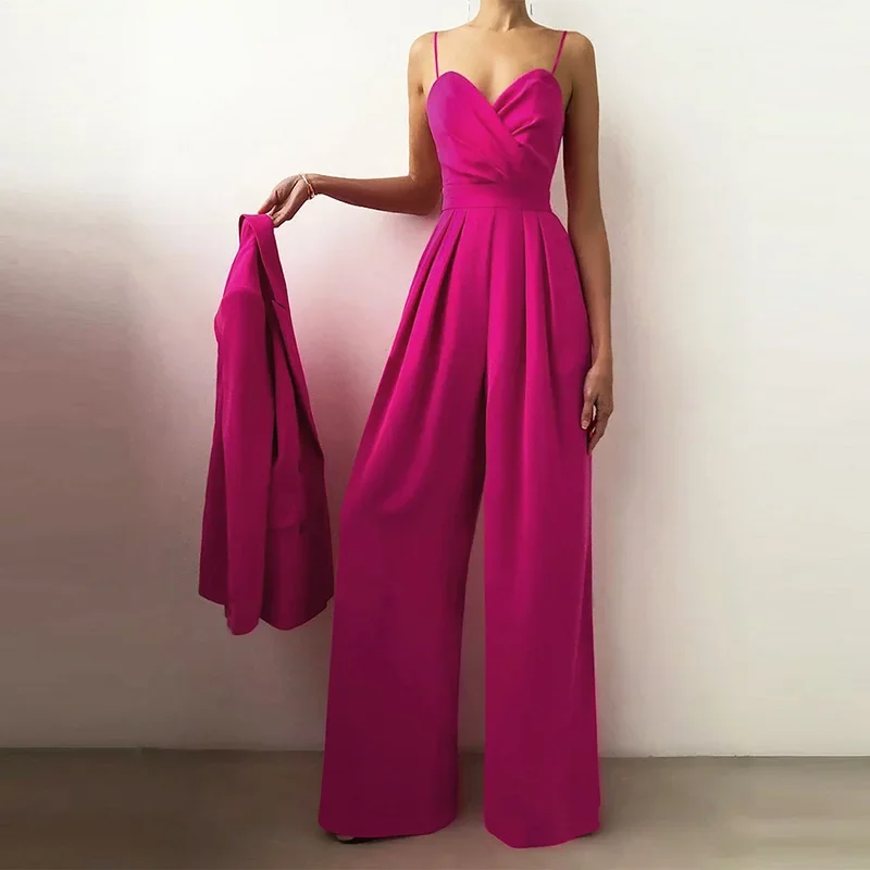 LIBIELIY Elegant V-neck Spaghetti Strap Jumpsuit Women Sexy Sleeveless Pocket Solid Long Romper 2025 Fashion Hight Waist Pleate