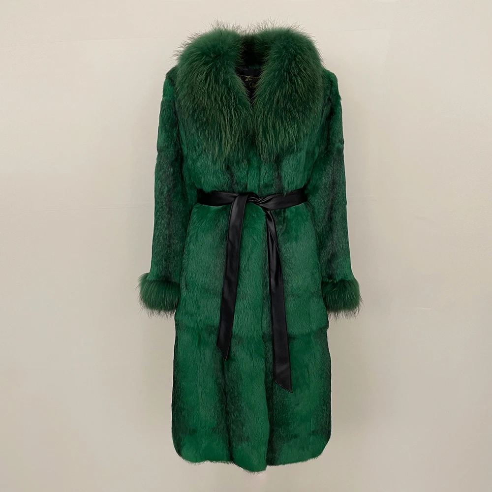 MENINA Cappotto di pelliccia ispessito autunno inverno per donna Pelliccia di coniglio Cappotto caldo di moda con collo in vera pelliccia di volpe stile lungo monopezzo