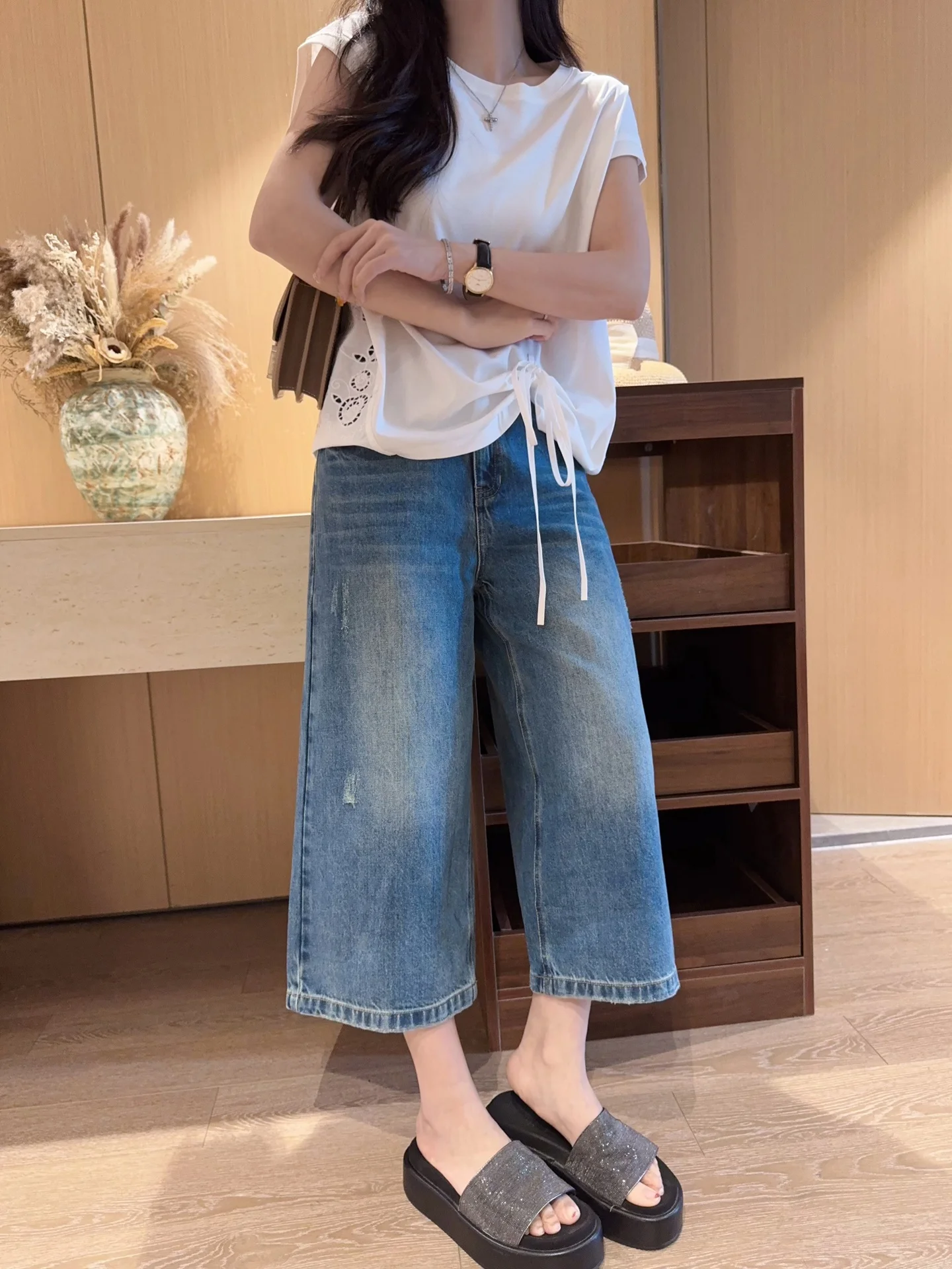 

Stylish Retro American Casual Cotton Denim Jeans High Waist Wide Leg Pants Women Summer Slimming Versatile Pure Cotton