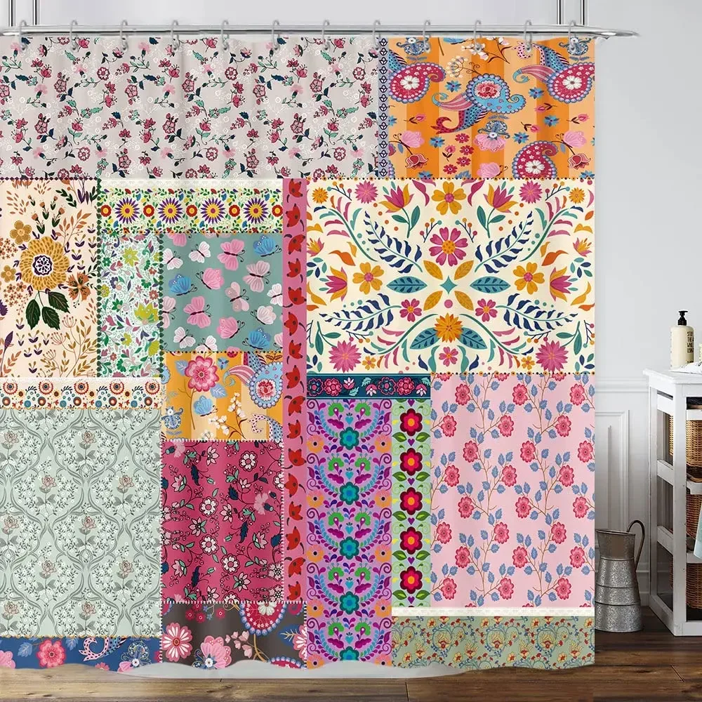 Bohemian Patchwork Print Shower Curtains for Bathroom Colorful Floral Vintage Shower Curtain Bathtubs Waterproof Fabric Screen