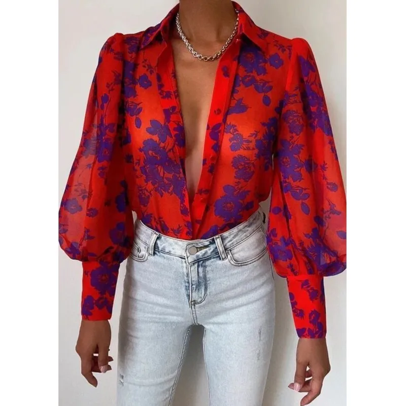 Casual Laterne Hülse Druck Hemd Bluse Frauen Mode Frühling Herbst Taste Shirts Für frauen 2024 Boho Strand Stil Shirts tops