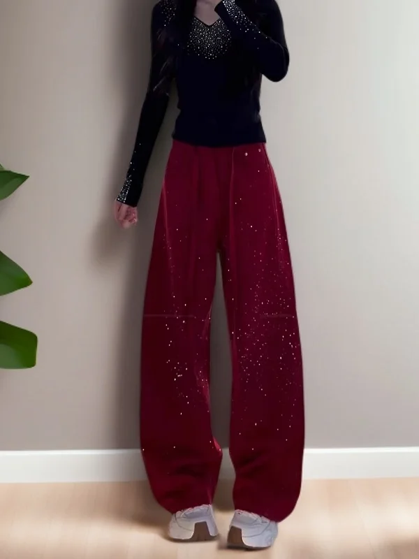 

Весна 2026: Новые винтажные повседневные брюки с широкими штанинами и стразами, женские, маленький размер, с высокой талией, красные брюки-«нож»