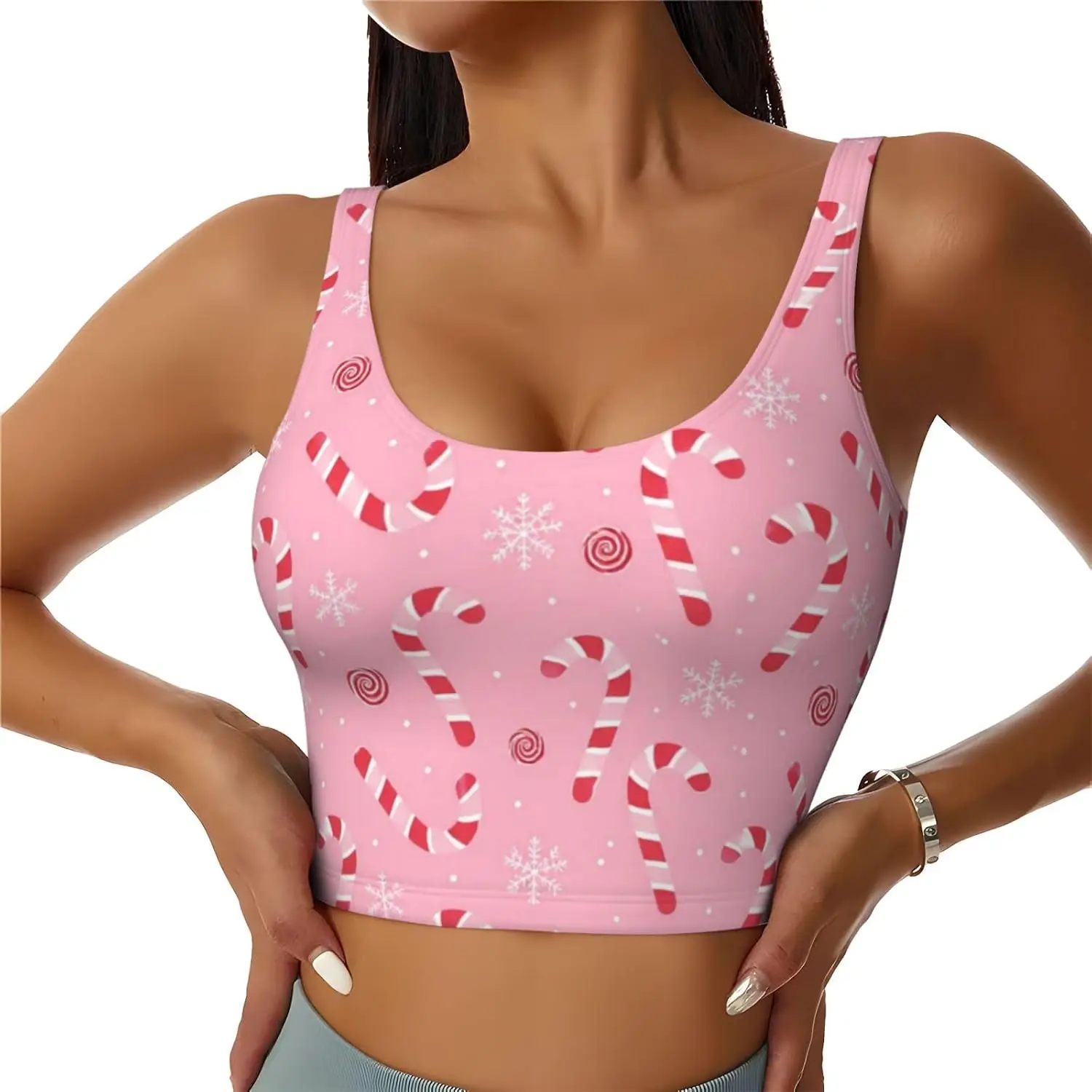 Pink Christmas Holiday Women's Sports Bra, Racerback Workout Bra with Removable Pads, Soft Stretch Yoga Bra