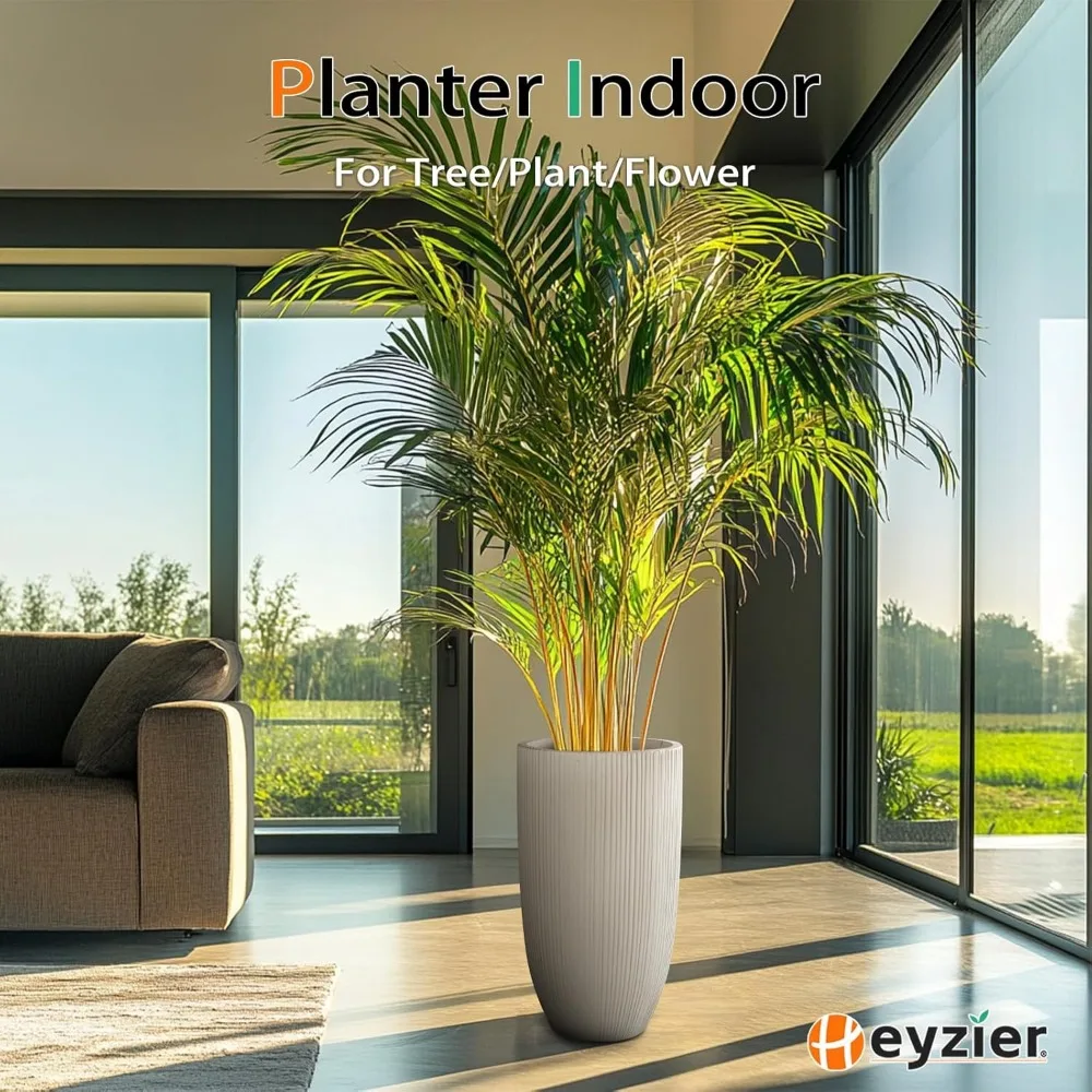 مزارعي خرسانة رمادية عمودية كبيرة للحدائق الخارجية والباحات والشرفات الأمامية - أوعية زهور طويلة بطول 24 بوصة للاستخدام الداخلي