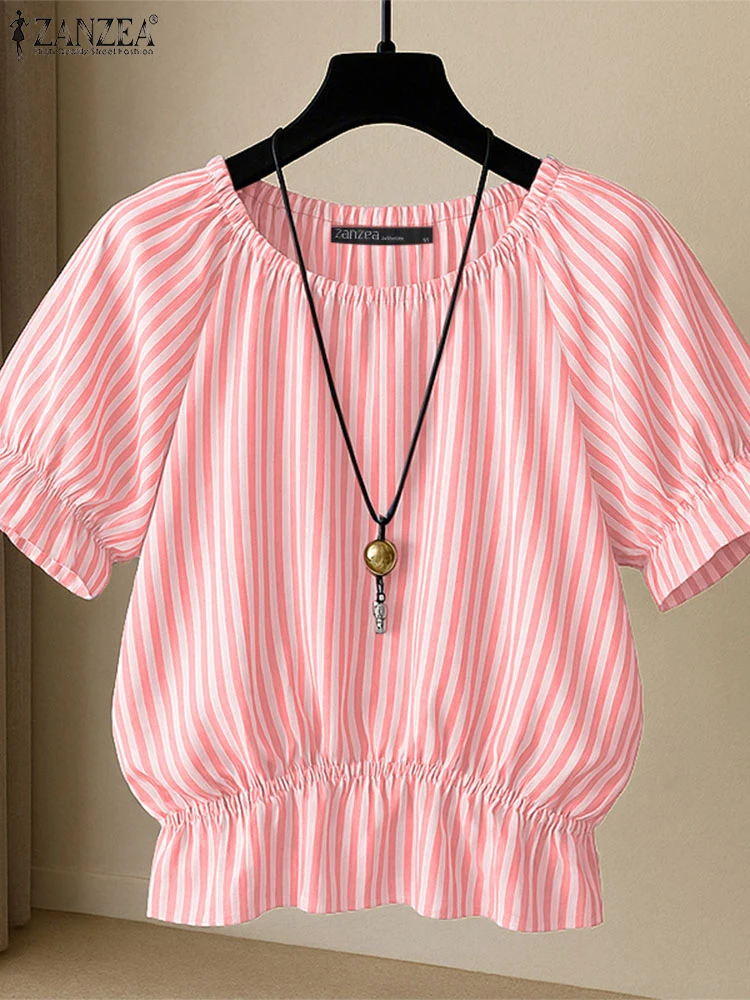 

ZANZEA модный корейский стиль Blusas Mujer 2025 летние повседневные женские халаты с круглым вырезом в полоску с рюшами по подолу и короткими пышными рукавами блузки