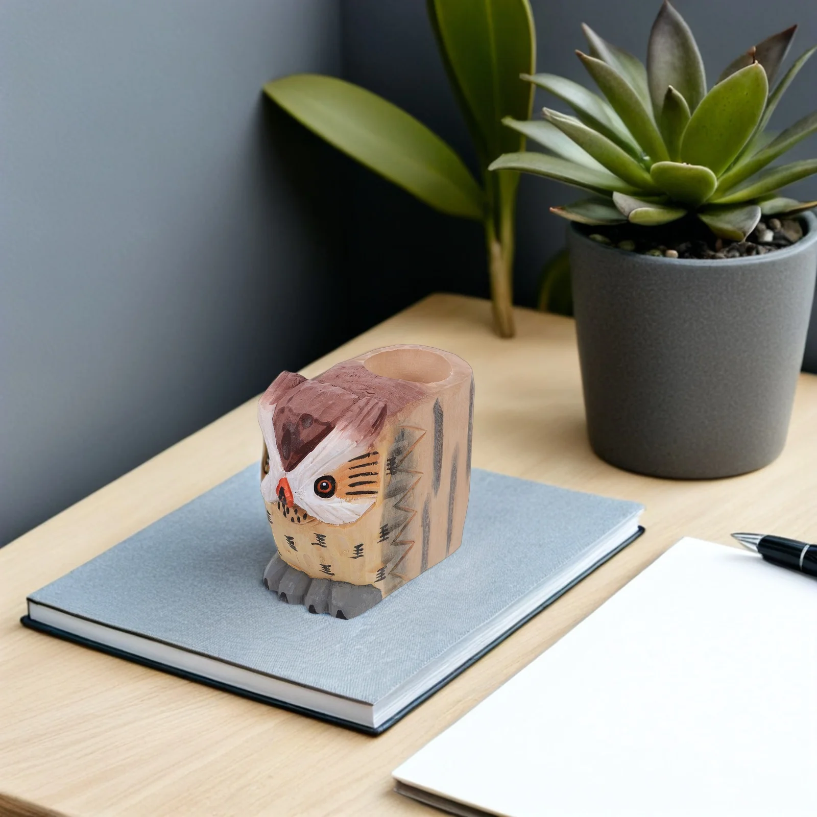 

Wooden Owl Pen Holder Natural Wood Grain Desk Organizer Cute Pencil Cup For Office Classroom Teacher - Handcrafted