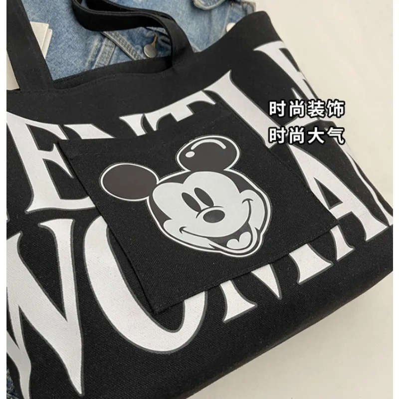 Bolsa de ombro do mickey mouse, lona de desenho animado, grande capacidade, preta, resistente a manchas, versátil, portátil, moda, sacola de compras