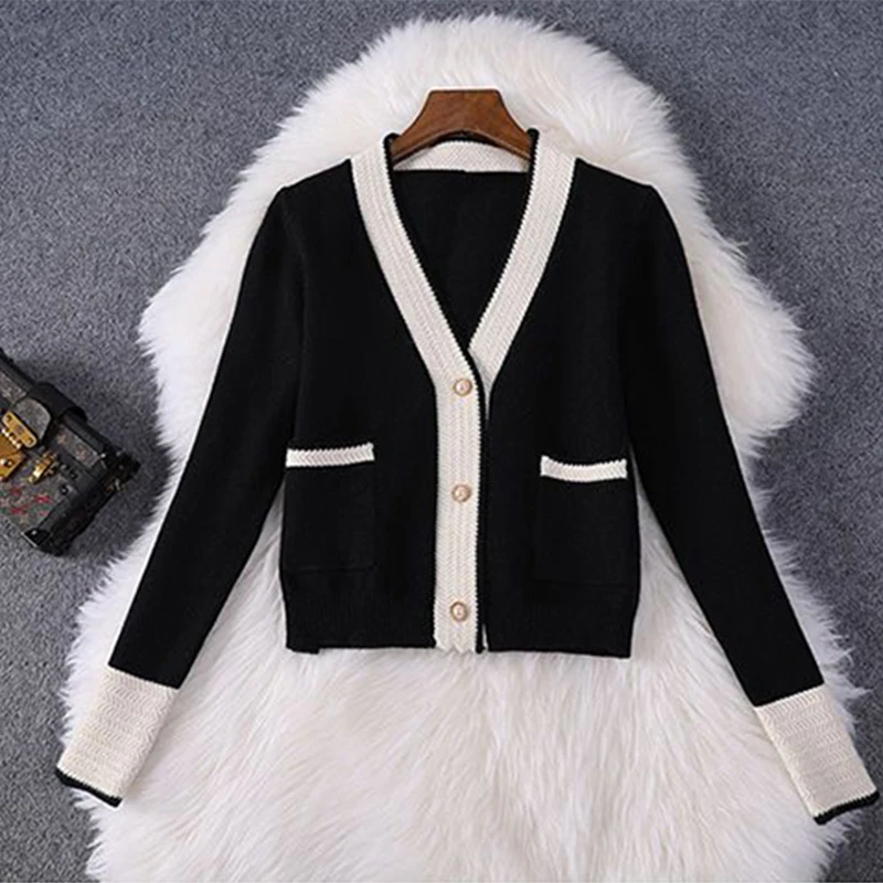 Spliced Casual Knitted Spring Fall Two Piece Sets Single Breasted Cropped Cardigan Tops Outfit Elegant High Waist Pants Suit