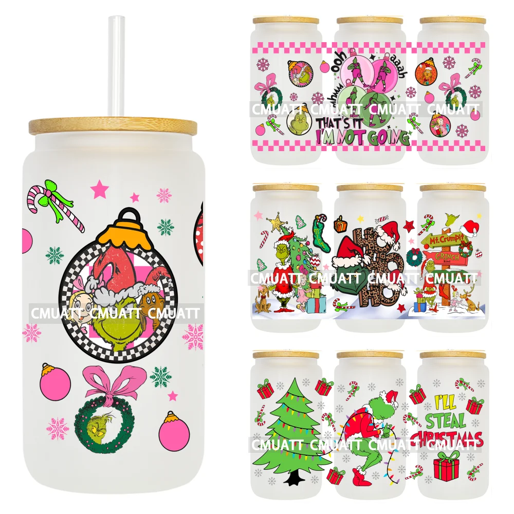 

Holiday Club Cute Green Monster And Friend Merry Christmas Pink Xmas UV DTF Transfer Printing Cup Wrap For 16OZ Libbey Glass Can