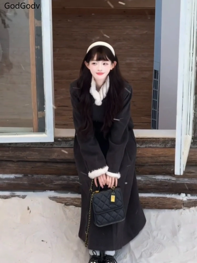 

Осенне-зимний винтажный элегантный теплый комплект из 2 предметов для женщин Y2k, черный 2000-х годов, эстетичный ретро плиссированный костюм с юбкой, женский корейский модный костюм