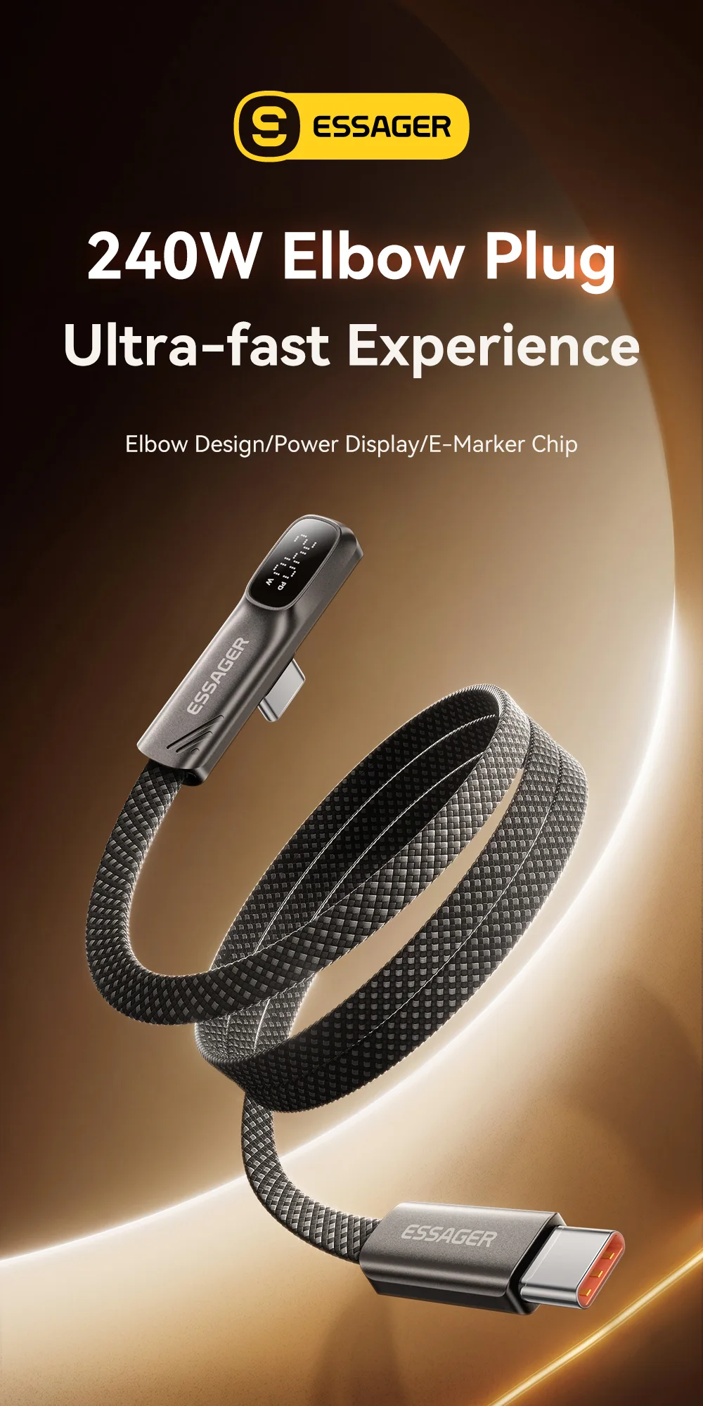 Essager Typ-C-zu-Typ-C-Kabel 240W 5A Schnellladekabel mit Digitalanzeige für MacBook Pro iPhone 17 Winkelkabel – Detail 1