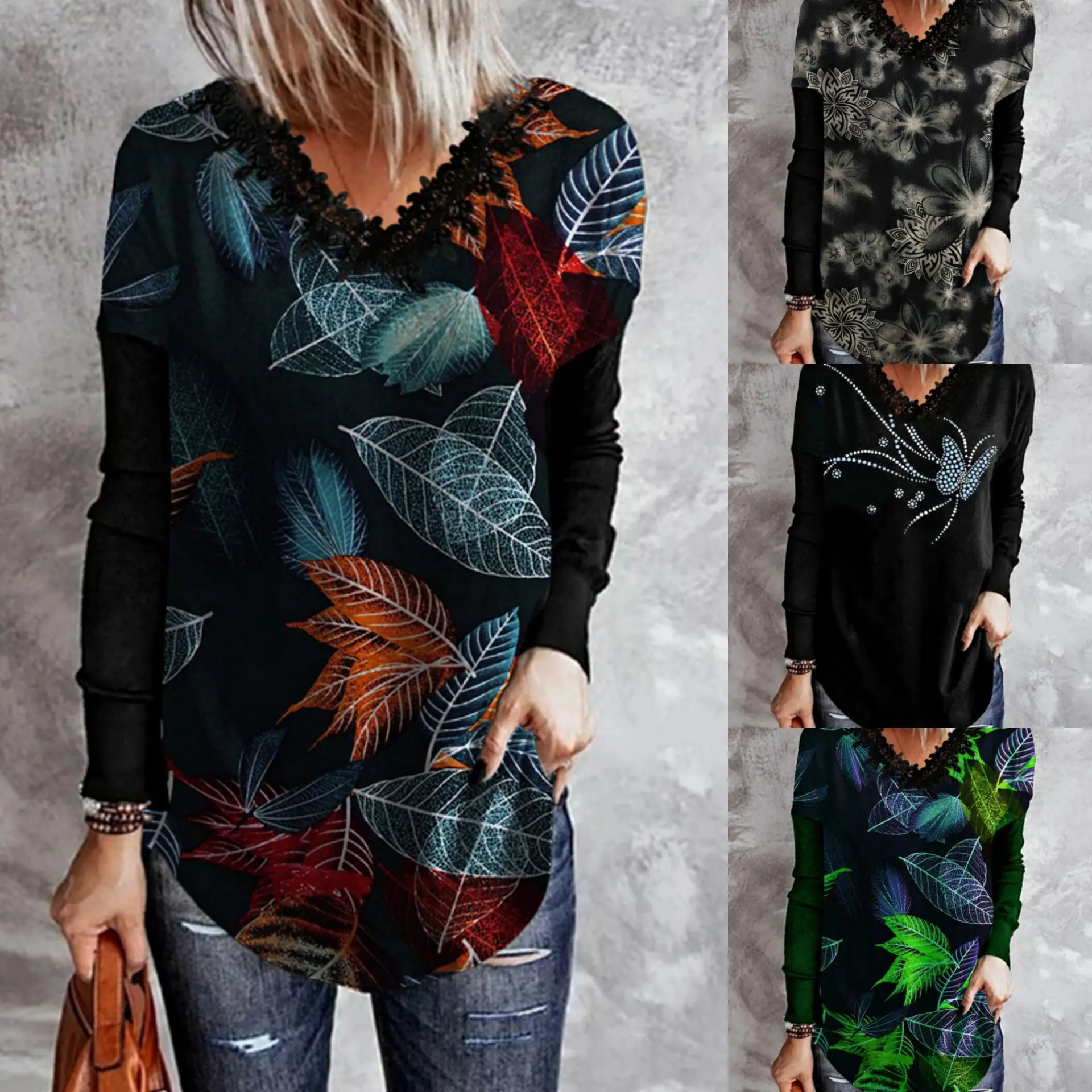 

Spring and Autumn Fashion Women's Printed V-neck Lace Long Sleeve T-shirt Female & Lady Casual Versatile Top Shirts